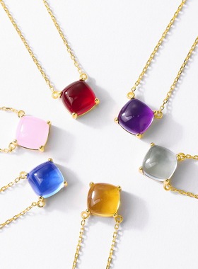 轻奢糖果彩宝项链S925银镀18K金镶彩宝宝石光面几何宝石锁骨链