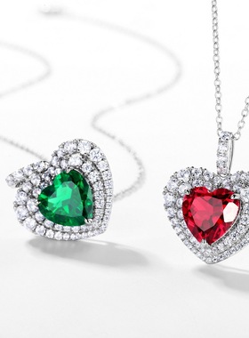 爱心S925银镀18K金镶嵌彩宝宝石红刚玉吊坠心形蓝宝石项坠高贵