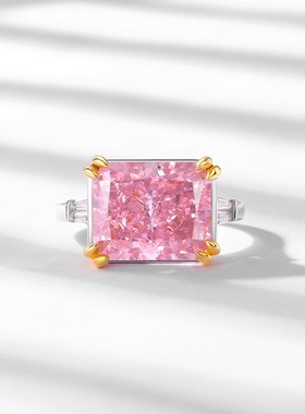 新款S925银镀18K金镶嵌彩宝粉红高碳钻宝石戒指高级感珠宝指环