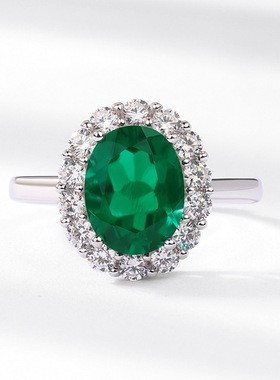 新款蛋形培育祖母绿戒指S925银镀18K金围镶满钻彩宝宝石指戒复古