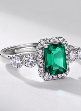 长方培育祖母绿开口戒S925银镀18K金PT950铂金轻奢戒指复古时尚