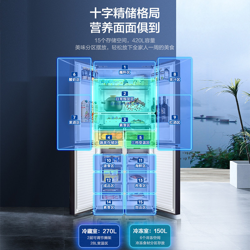 美菱420l十字对开门四门风冷冰箱 美菱芝兴厨房冰箱