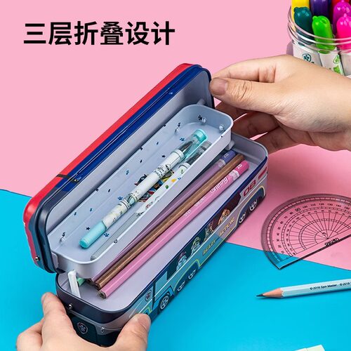 得力汪汪队文具盒男孩铁盒三层多功能小学生金属铅笔盒汽车造型可爱卡通一二年级笔袋儿童马口铁大容量70854 - 图2