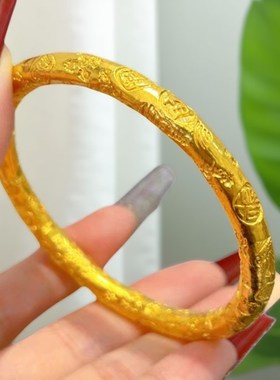 金包银手镯古法金色吉言宽版女款实心闭口金黄色錾刻镯子