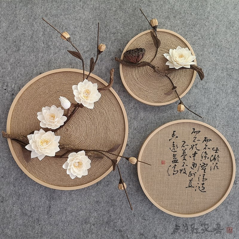 1P2R睡莲清韵麻绳圆形s装饰画禅意新中式家居壁饰挂件干花玄关墙 - 图0