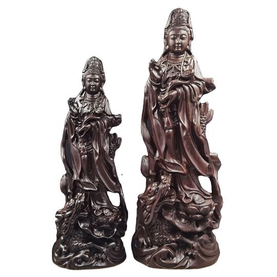 Ébano tallado en madera maciza Guanyin Bodhisattva estatua de Buda sala de estar hogar adoración Q adornos estación Long Guanyin Bodhisattva