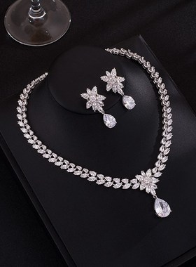 轻奢微镶红色锆石项链耳环套装新娘婚纱礼服晚宴会装饰项链配饰品