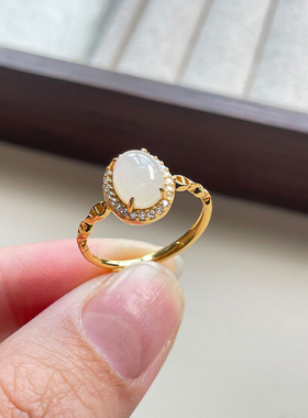 和田玉蛋面戒指白玉银镶s925银活口可调节简约百搭国风女士送礼