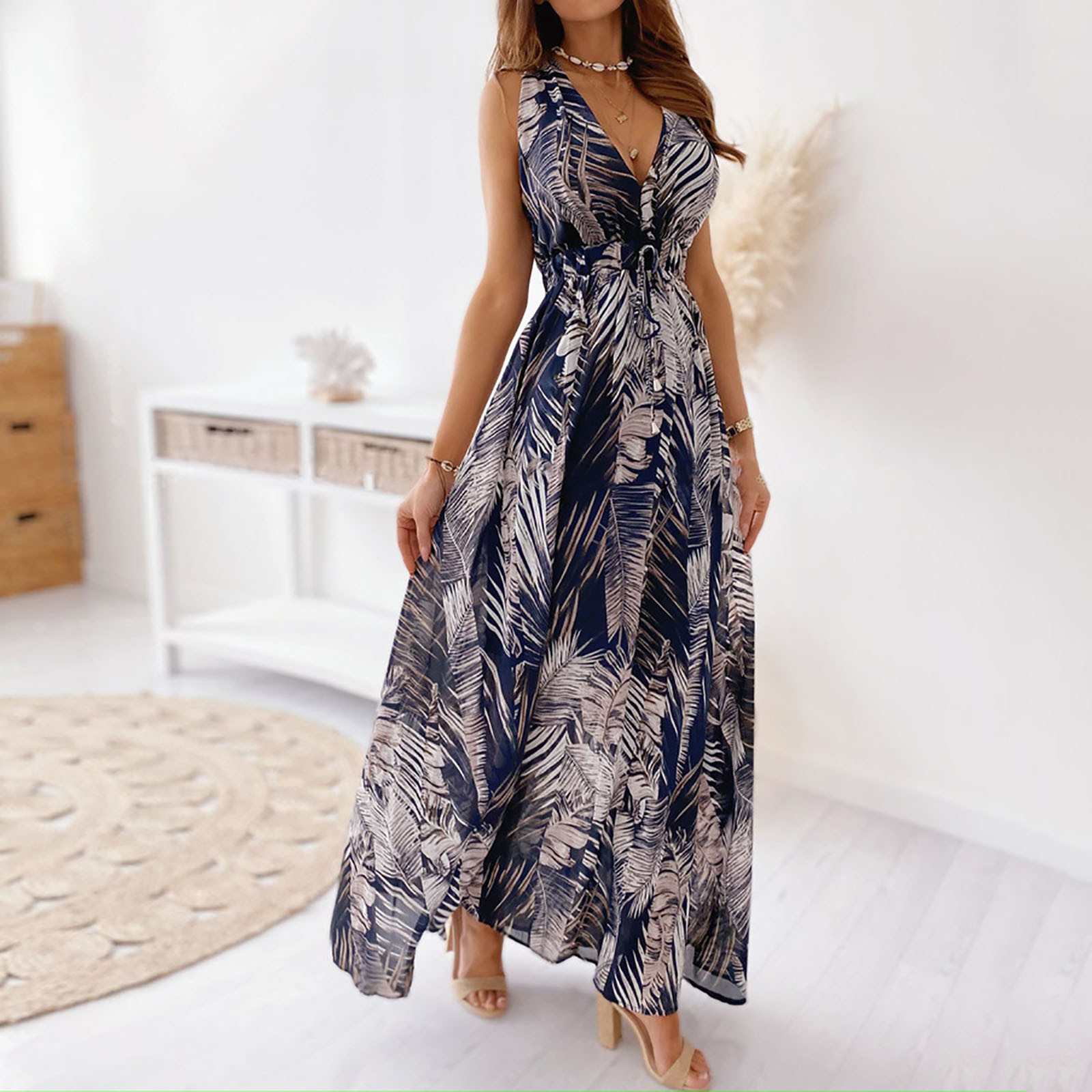 Printed V-Neck Tie Casual Swing Dress印花V领绑带大摆连衣长裙 - 图3