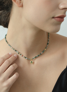 VEKE「青丝记」天然绿玛瑙项链复古锁骨链串珠链NC16056A