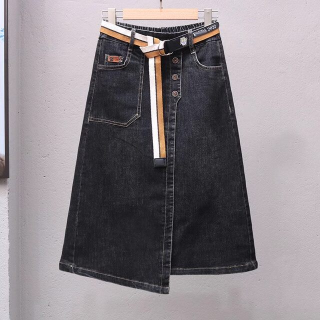 Retro blue denim skirt for women 2025 spring and autumn new high-waisted distressed mid-length slit one-step skirt