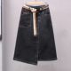 Retro blue denim skirt for women 2025 spring and autumn new high-waisted distressed mid-length slit one-step skirt