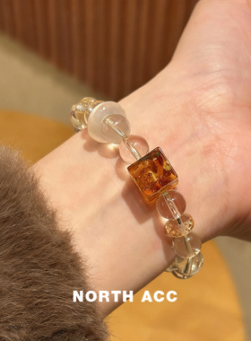 NORTHACC新中式复古天然白水晶手链小众设计高级感琥珀转运手串珠