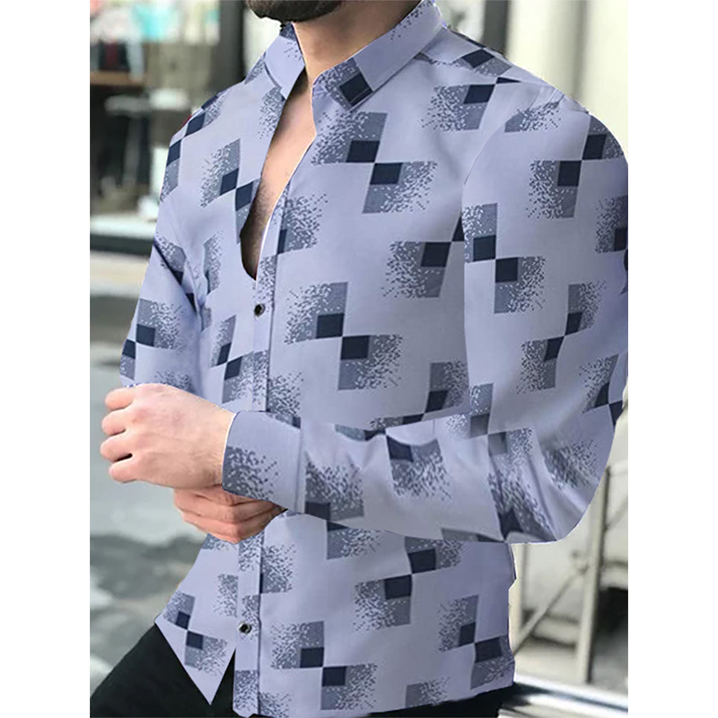 Printed Casual Slim Fit Long Sleeve Shirt印花休闲修身衬衫男