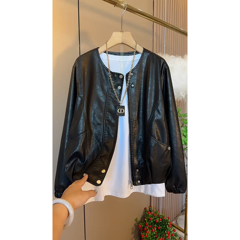 秋季大码女装新款高级感PU外套时尚长袖纯色开衫百搭遮肉外衣圆领,淘宝优惠券,粉丝福利购,淘宝优惠卷
