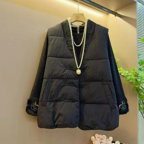 胖mm秋冬加厚马甲套装显瘦遮肉长袖加绒打底衫保暖遮肚上衣两件套 - 图0