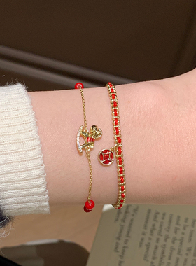 摇木马铜钱双层编织红绳手链女