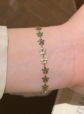 海军蓝色小花钛钢手链女度假风