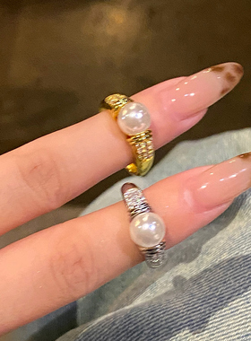 大颗珍珠镶钻戒指女复古港风