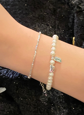 珍珠豌豆吊牌碎银手链女别致小众