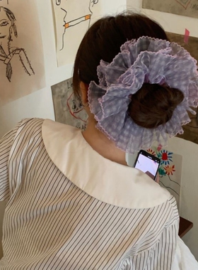 紫色网纱蕾丝格子双层大肠发圈女