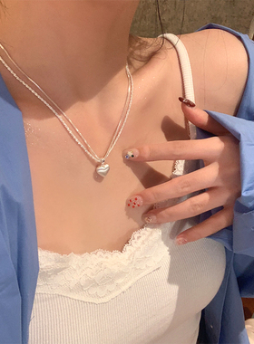 双层拉丝爱心吊坠项链女高级感轻奢小众颈链精致百搭锁骨链毛衣链