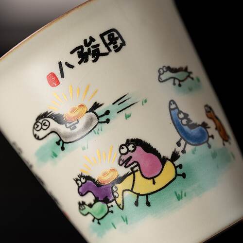八骏图汝窑茶杯开片可养茶盘摆件大号主人杯国风品茗杯搞怪可乐杯 - 图3