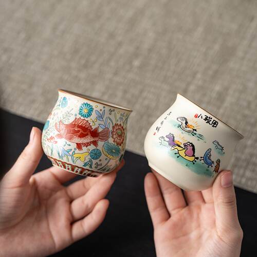 八骏图汝窑茶杯开片可养茶盘摆件大号主人杯国风品茗杯搞怪可乐杯 - 图1
