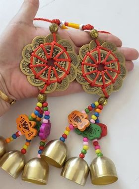 铜铜钱出入安风铃招进宝镇之宝吉祥编织铃铛彩色富贵鱼铃铛摆件