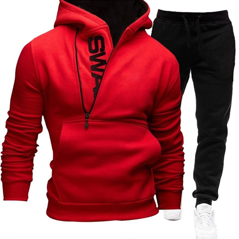 Contrast hooded men's sweater suit撞色连帽男休闲加绒卫衣套装-图1