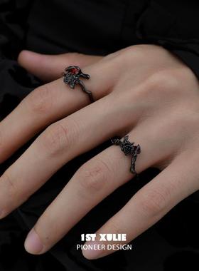 暗黑玫瑰情侣对戒纯银戒指原创小众设计高级感开口食指戒