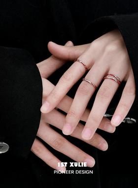 纯银不掉色原创红色素圈戒指小众设计冷淡风高级开口食指情侣对戒