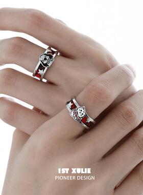 快乐猫咪小狗情侣对戒纯银戒指原创小众设计高级感开口戒