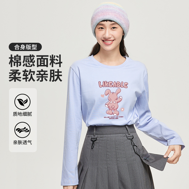 真维斯Z+女装 甜酷简约印花打底衫圆领百搭纯棉长袖T恤X