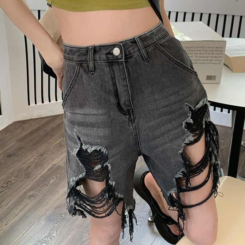 High waist ripped loose denim capris高腰破洞宽松牛仔五分裤女 - 图3