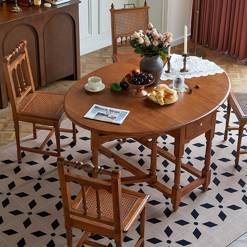 外婆家的团圆桌实木折叠餐桌复古椭圆形小户型抽屉家用简约桌子