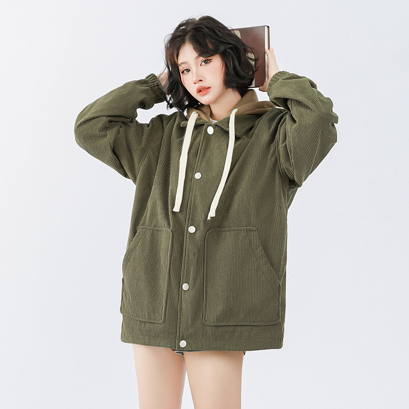 wassupdeion秋冬季灯芯绒假两件连帽外套男情侣款加绒保暖夹克衫 - 图0