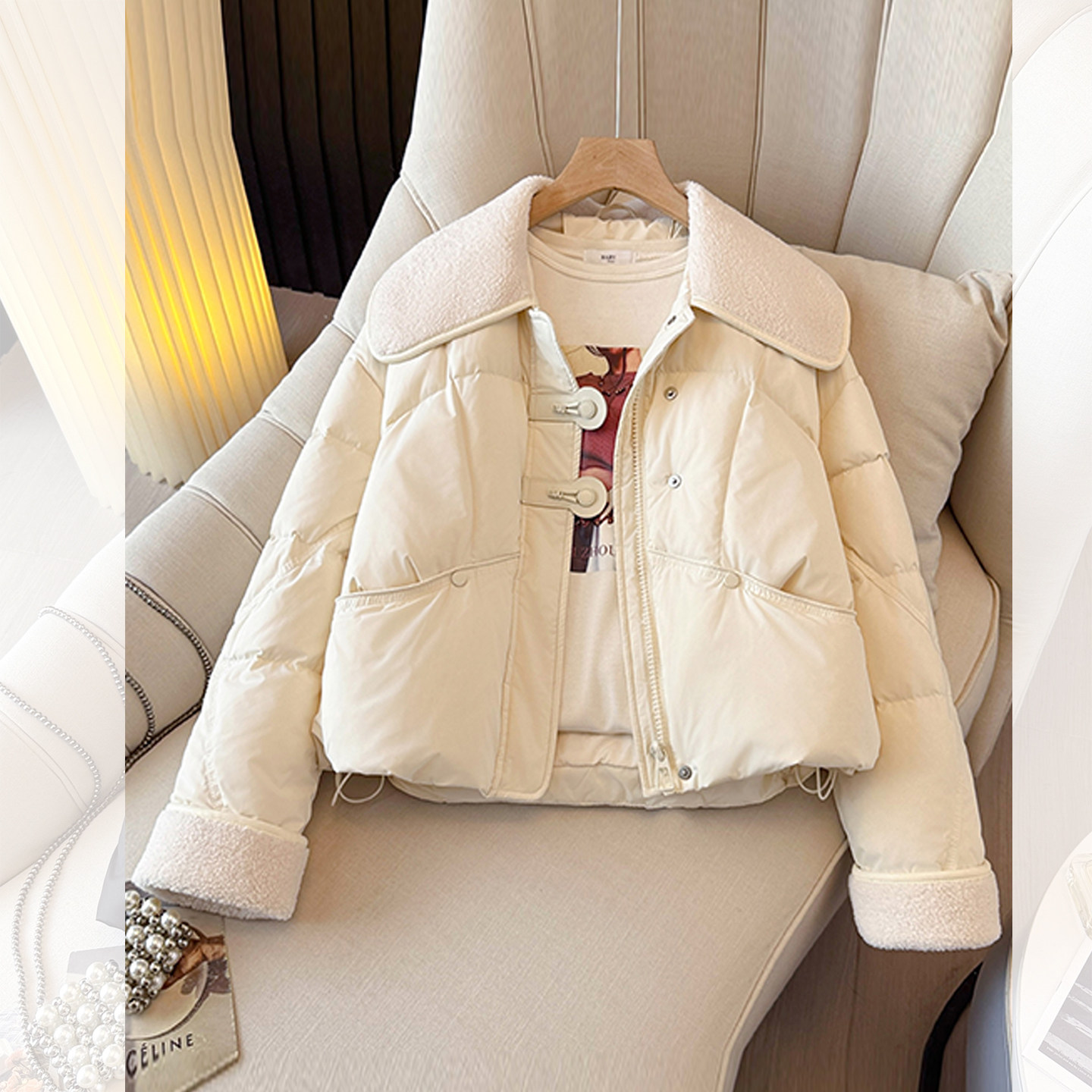 羊羔毛拼接娃娃翻领90白鸭绒羽绒服女2025冬季新款短款小个子外套,淘宝优惠券,粉丝福利购,淘宝优惠卷