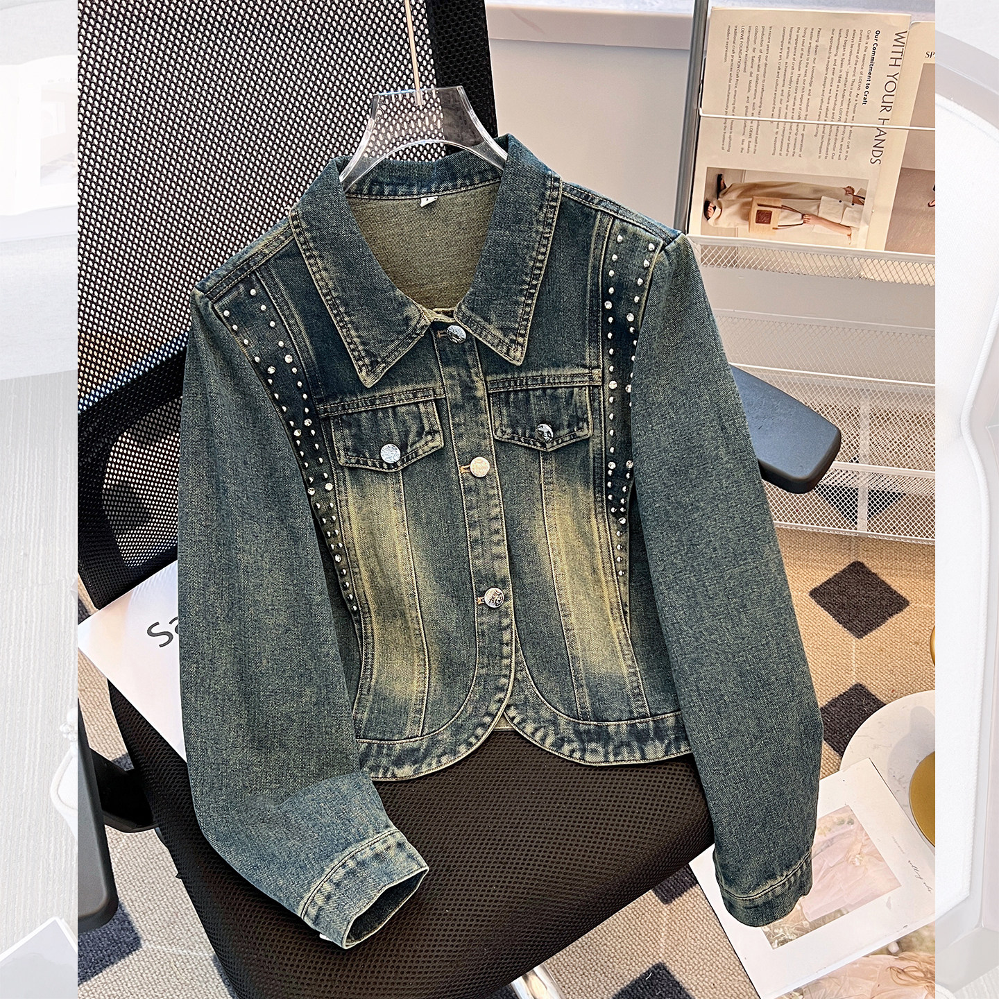 深蓝色重工钉珠牛仔外套女短款2026春秋季新款气质高级感洋气夹克,淘宝优惠券,粉丝福利购,淘宝优惠卷