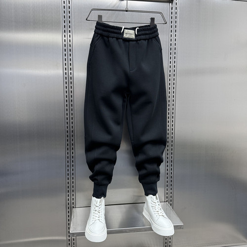 黑色休闲裤男士潮牌修身小脚裤2023秋冬加绒加厚抽绳运动束脚卫裤 - 图1