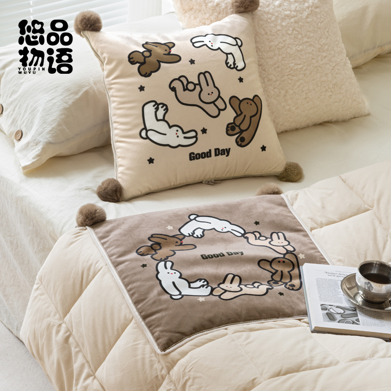 线条小兔抱枕被子两用二合一抱枕毯办公室午睡车载车用加厚靠枕被 - 图1