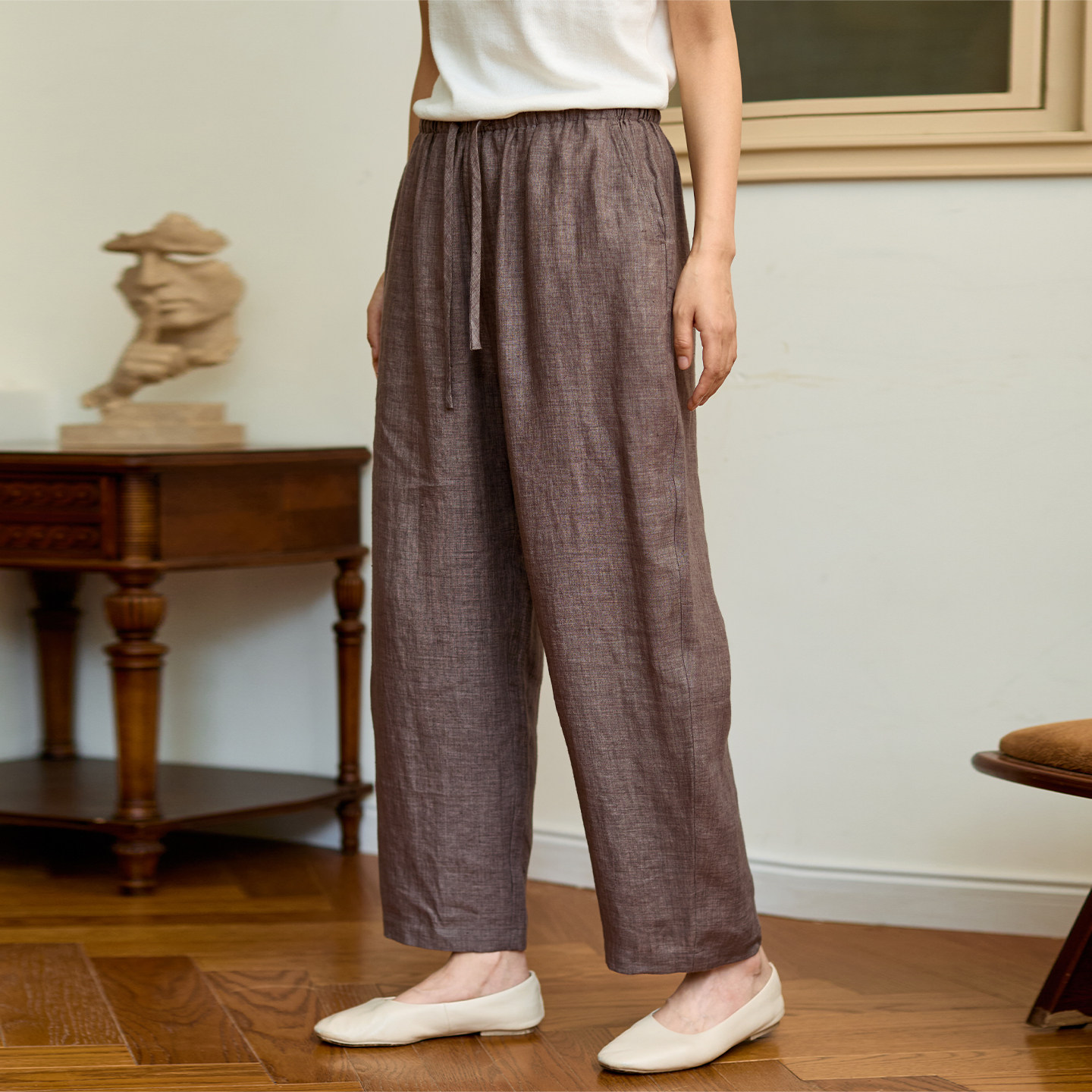 无色无味【经典休闲】夏天纯亚麻松紧腰抽绳宽松简约阔腿休闲裤女,淘宝优惠券,粉丝福利购,淘宝优惠卷