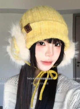 【可拆卸一帽多戴】桃绿绿新款针织护耳帽女秋冬保暖护耳耳包帽子