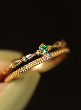 小众设计轻奢气质皇冠戒指女宫廷复古祖母绿冷淡风双层镂空食指戒