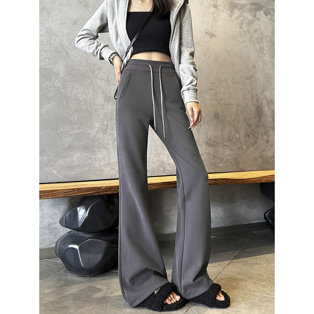 Black high-waisted bell-bottom pants for women in spring, autumn and winter, slim casual drawstring sweatpants, American style bootcut floor-length sweatpants