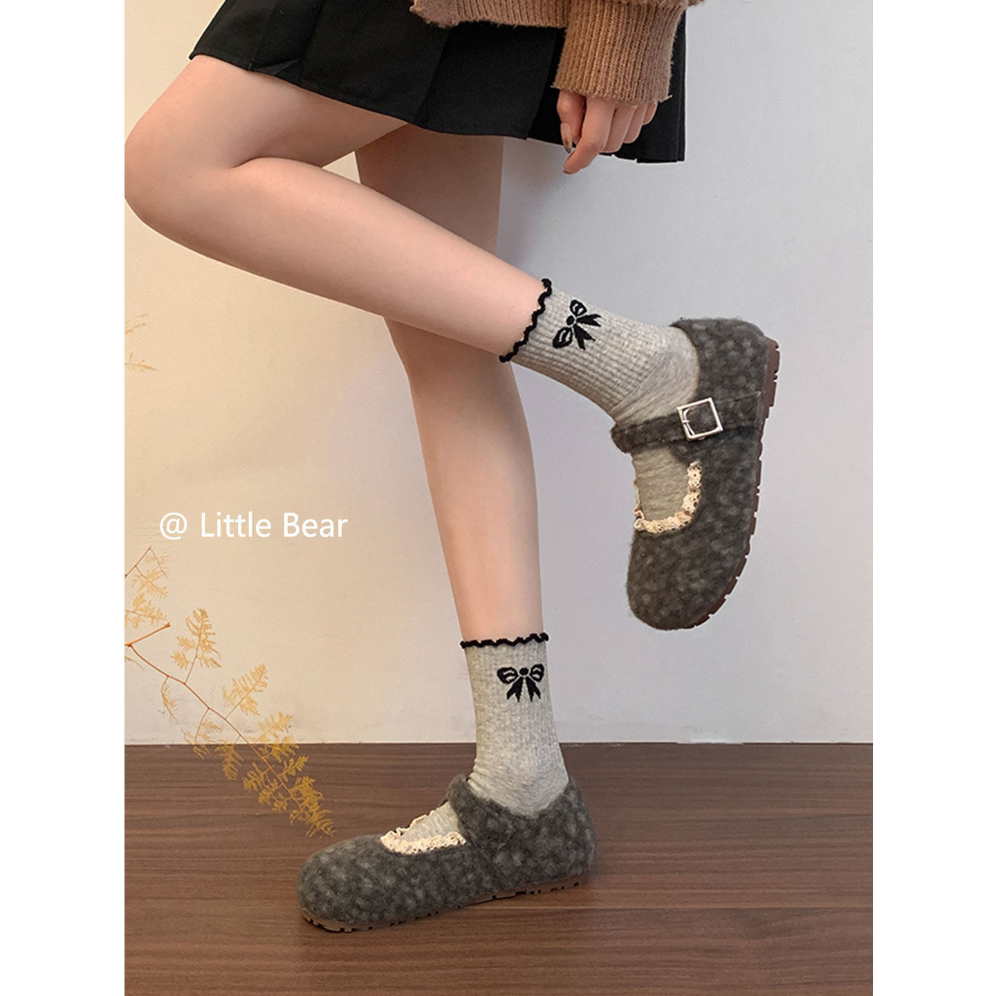 小熊出走日系小花边玛丽珍单鞋女春秋平底复古甜美百搭加绒毛毛鞋,淘宝优惠券,粉丝福利购,淘宝优惠卷