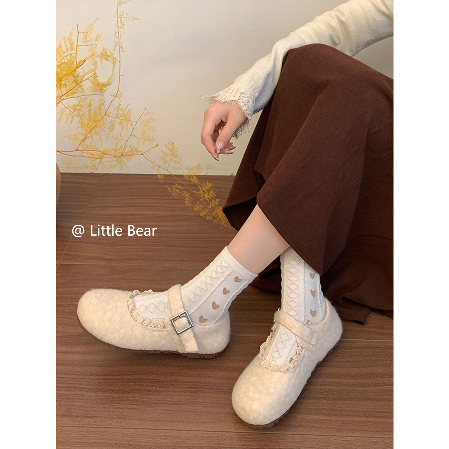 小熊出走日系小花边玛丽珍单鞋女春秋平底复古甜美百搭加绒毛毛鞋,淘宝优惠券,粉丝福利购,淘宝优惠卷