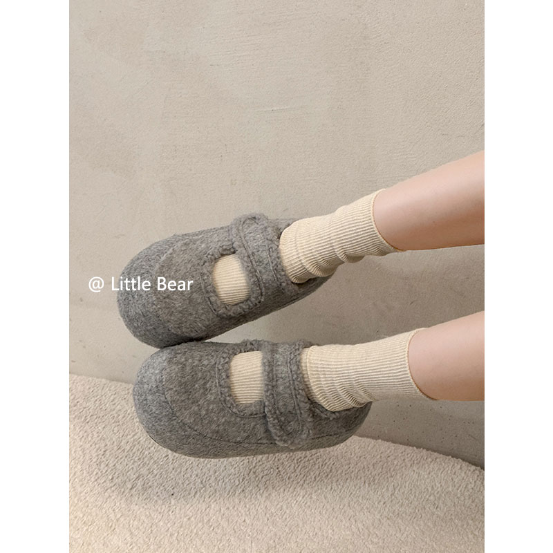小熊出走内增高加绒玛丽珍毛毛鞋女冬季厚底百搭保暖毛呢勃肯棉鞋 - 图3