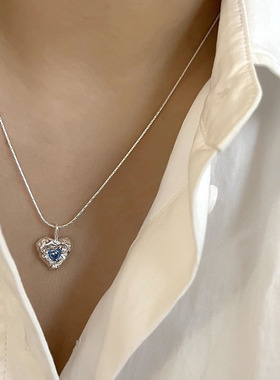 韩国时尚个性蓝色皓石褶皱爱心银项链女时尚百搭高级感锁骨链