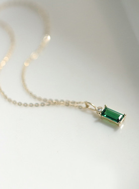 925纯银镀14K黄金项链女祖母绿色锆石公主方长方四爪镶嵌日韩吊坠